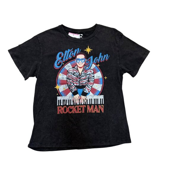 Elton John Rocket Man TShirt Vintage Style Black Graphic Tee Size S Flashback - Picture 2 of 10